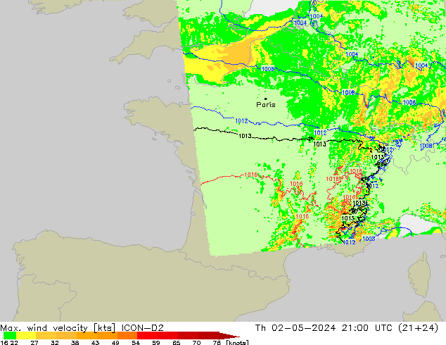 Max. wind velocity ICON-D2 jeu 02.05.2024 21 UTC