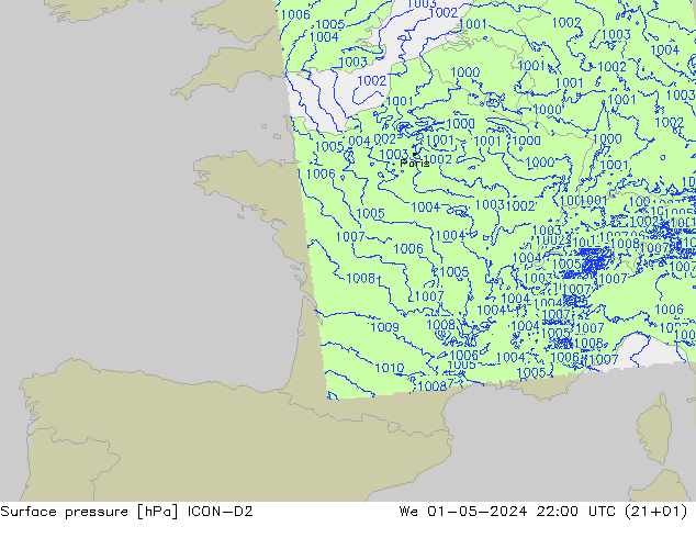 pression de l'air ICON-D2 mer 01.05.2024 22 UTC