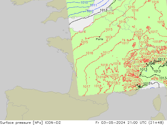 Luchtdruk (Grond) ICON-D2 vr 03.05.2024 21 UTC