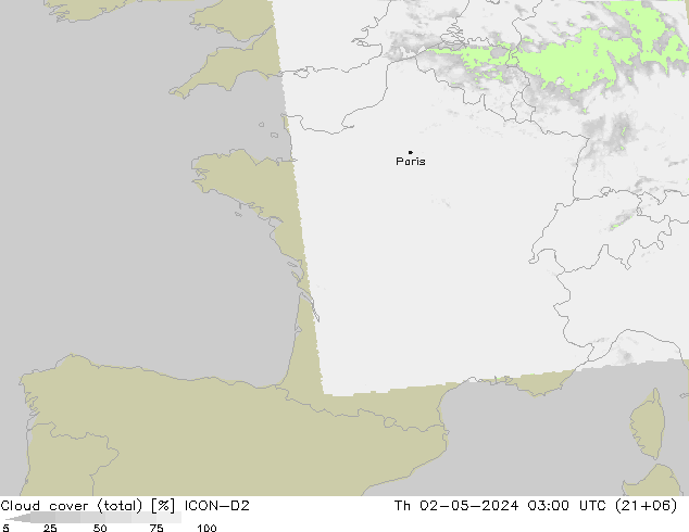 Cloud cover (total) ICON-D2 Th 02.05.2024 03 UTC