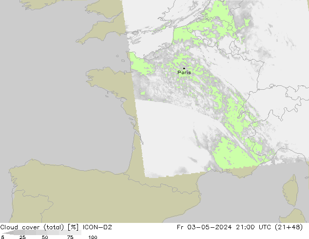 Cloud cover (total) ICON-D2 Fr 03.05.2024 21 UTC