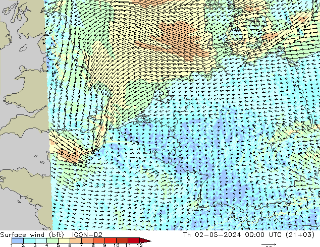 Vento 10 m (bft) ICON-D2 Qui 02.05.2024 00 UTC