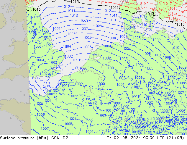 Atmosférický tlak ICON-D2 Čt 02.05.2024 00 UTC