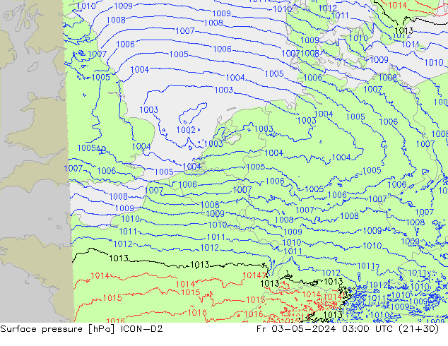 Surface pressure ICON-D2 Fr 03.05.2024 03 UTC