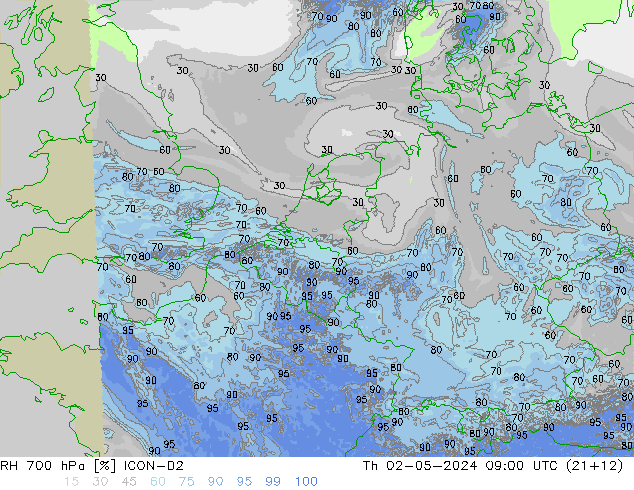 RH 700 hPa ICON-D2 gio 02.05.2024 09 UTC