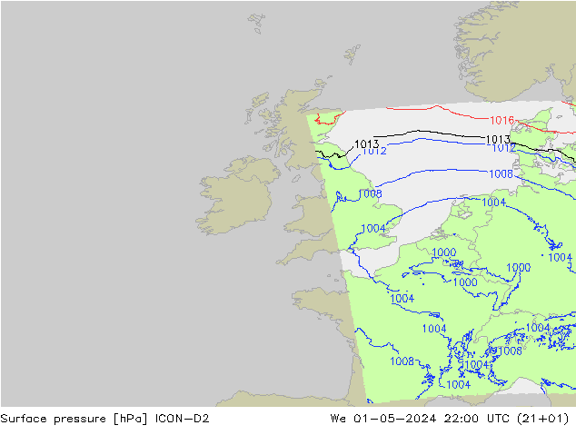 Surface pressure ICON-D2 We 01.05.2024 22 UTC