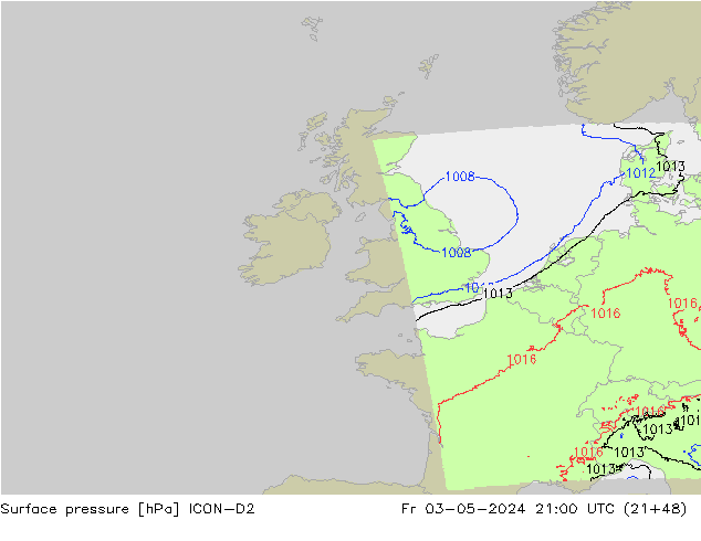 Pressione al suolo ICON-D2 ven 03.05.2024 21 UTC