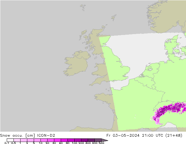 Snow accu. ICON-D2 vie 03.05.2024 21 UTC