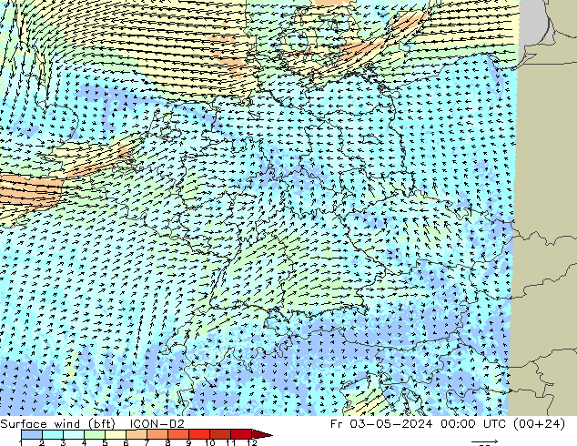 Surface wind (bft) ICON-D2 Fr 03.05.2024 00 UTC