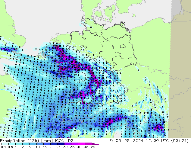 Precipitation (12h) ICON-D2 Pá 03.05.2024 00 UTC