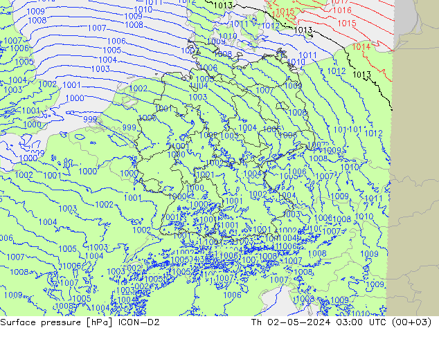 地面气压 ICON-D2 星期四 02.05.2024 03 UTC