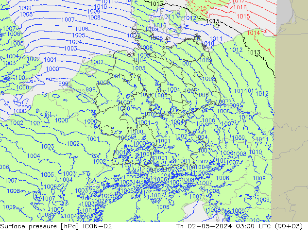 Surface pressure ICON-D2 Th 02.05.2024 03 UTC