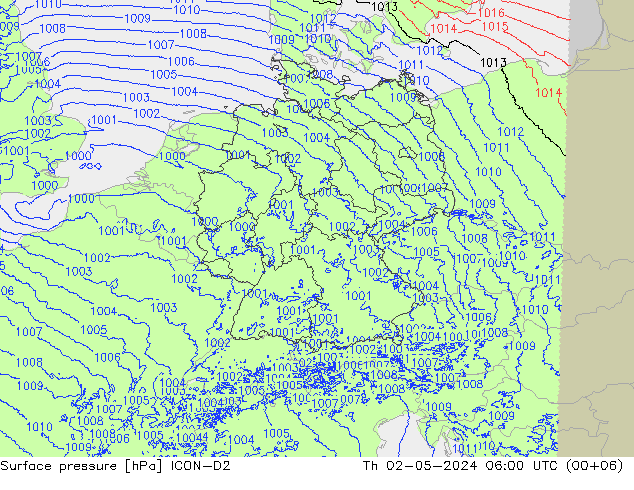 Atmosférický tlak ICON-D2 Čt 02.05.2024 06 UTC
