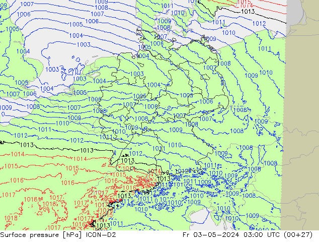 Atmosférický tlak ICON-D2 Pá 03.05.2024 03 UTC