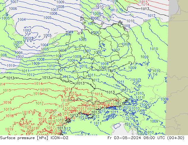 Atmosférický tlak ICON-D2 Pá 03.05.2024 06 UTC