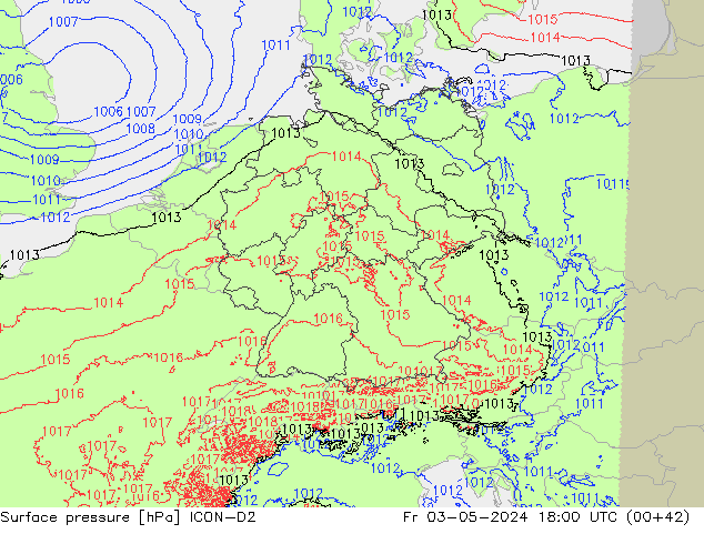 Luchtdruk (Grond) ICON-D2 vr 03.05.2024 18 UTC