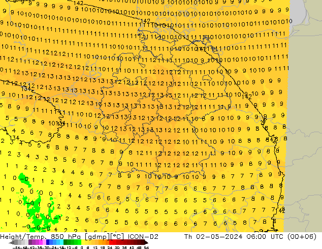 Height/Temp. 850 hPa ICON-D2 gio 02.05.2024 06 UTC