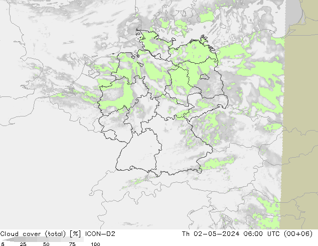 Nubes (total) ICON-D2 jue 02.05.2024 06 UTC
