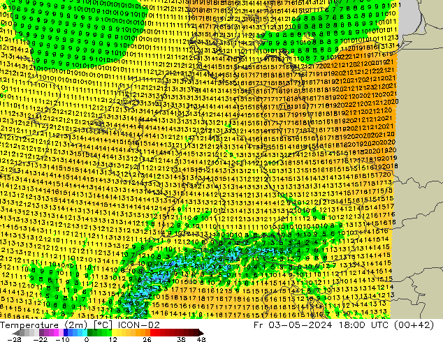 Temperature (2m) ICON-D2 Pá 03.05.2024 18 UTC