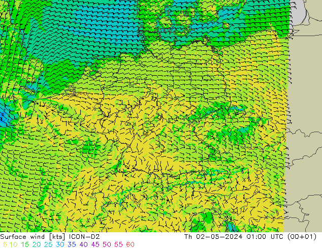 Surface wind ICON-D2 Čt 02.05.2024 01 UTC