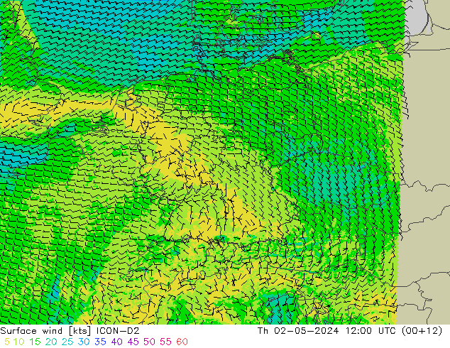 Vento 10 m ICON-D2 Qui 02.05.2024 12 UTC