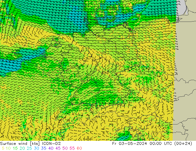 Surface wind ICON-D2 Fr 03.05.2024 00 UTC