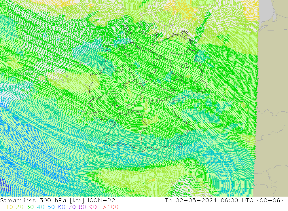 Rüzgar 300 hPa ICON-D2 Per 02.05.2024 06 UTC