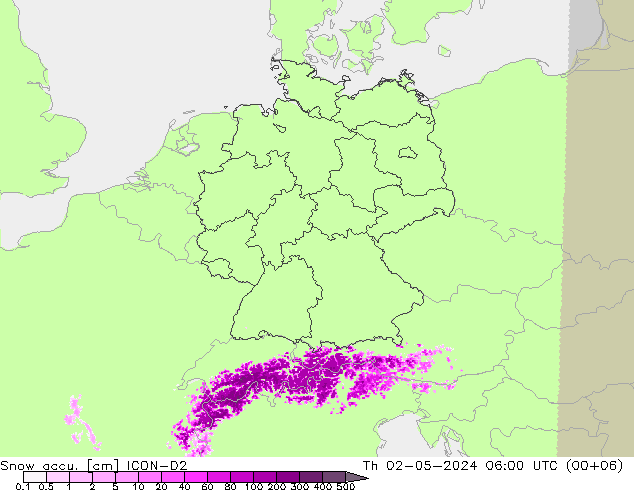 Snow accu. ICON-D2 czw. 02.05.2024 06 UTC