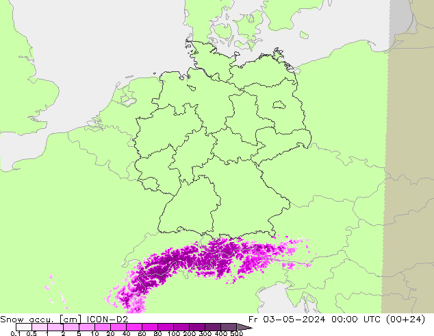 Snow accu. ICON-D2 Fr 03.05.2024 00 UTC