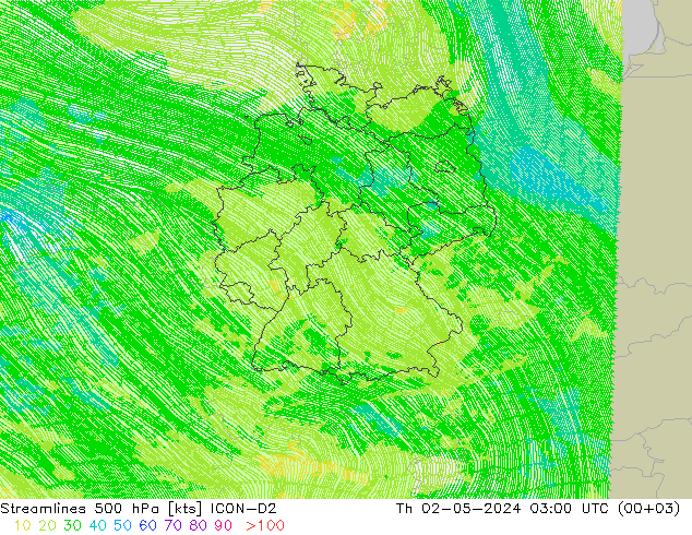 Streamlines 500 hPa ICON-D2 Th 02.05.2024 03 UTC