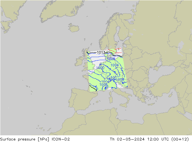 Pressione al suolo ICON-D2 gio 02.05.2024 12 UTC