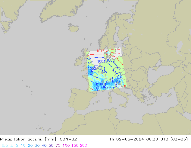 Totale neerslag ICON-D2 do 02.05.2024 06 UTC