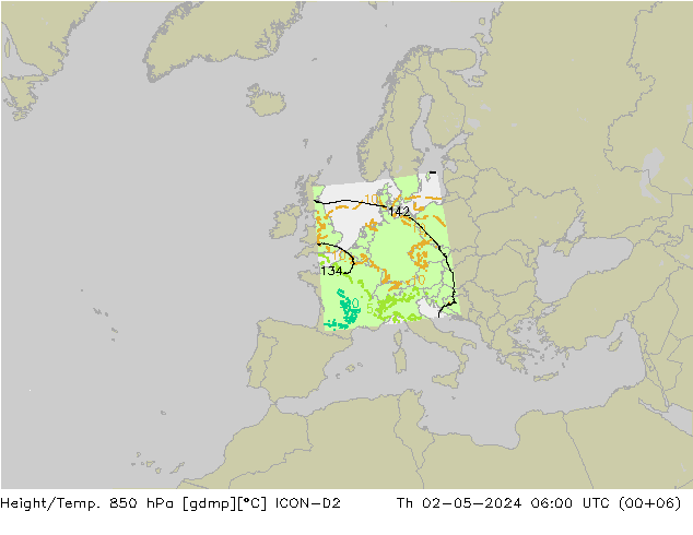 Geop./Temp. 850 hPa ICON-D2 jue 02.05.2024 06 UTC