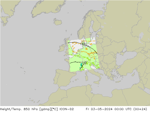Géop./Temp. 850 hPa ICON-D2 ven 03.05.2024 00 UTC