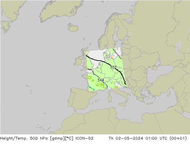 Height/Temp. 500 hPa ICON-D2 Čt 02.05.2024 01 UTC