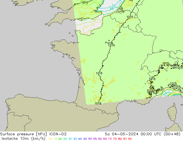 Isotachs (kph) ICON-D2 sab 04.05.2024 00 UTC