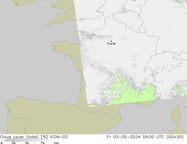 Wolken (gesamt) ICON-D2 Fr 03.05.2024 06 UTC