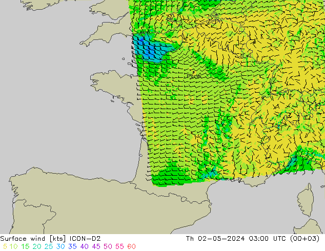 Surface wind ICON-D2 Čt 02.05.2024 03 UTC