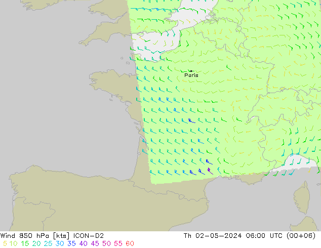 Vento 850 hPa ICON-D2 gio 02.05.2024 06 UTC