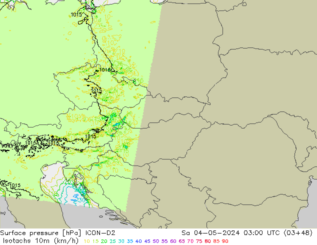 Izotacha (km/godz) ICON-D2 so. 04.05.2024 03 UTC