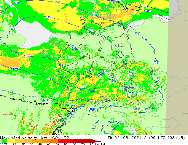 Windböen ICON-D2 Do 02.05.2024 21 UTC