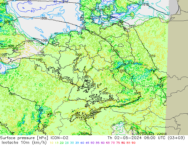 Izotacha (km/godz) ICON-D2 czw. 02.05.2024 06 UTC