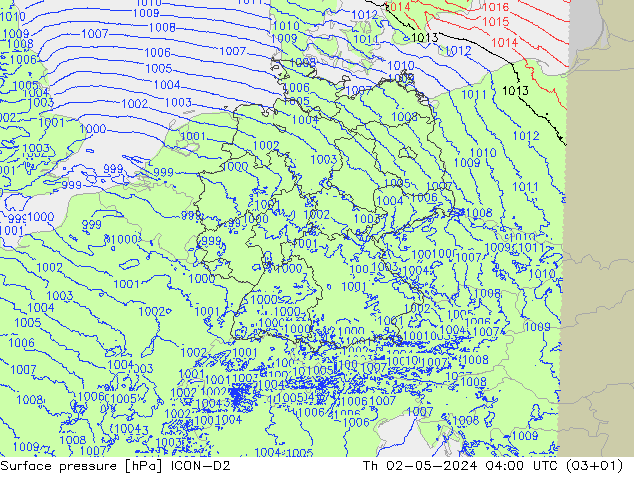 Surface pressure ICON-D2 Th 02.05.2024 04 UTC