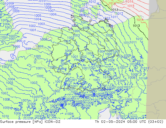 Surface pressure ICON-D2 Th 02.05.2024 05 UTC