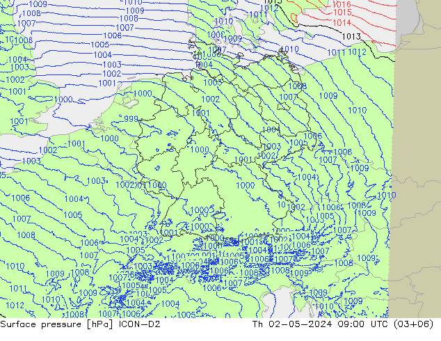 Atmosférický tlak ICON-D2 Čt 02.05.2024 09 UTC
