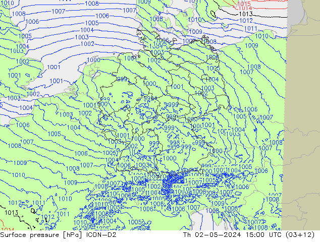 Pressione al suolo ICON-D2 gio 02.05.2024 15 UTC