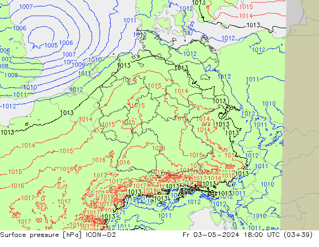 Atmosférický tlak ICON-D2 Pá 03.05.2024 18 UTC