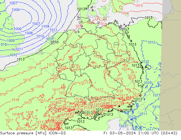 Surface pressure ICON-D2 Fr 03.05.2024 21 UTC