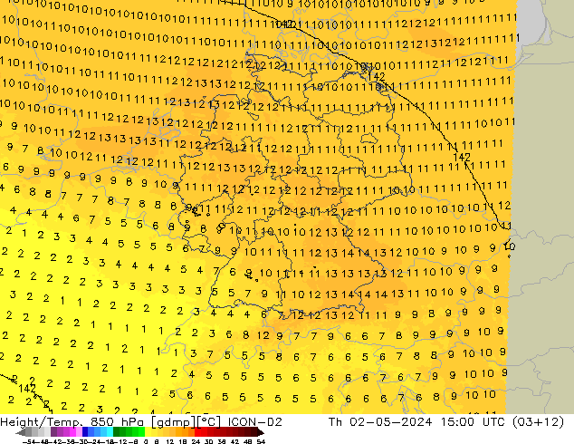 Height/Temp. 850 hPa ICON-D2 czw. 02.05.2024 15 UTC