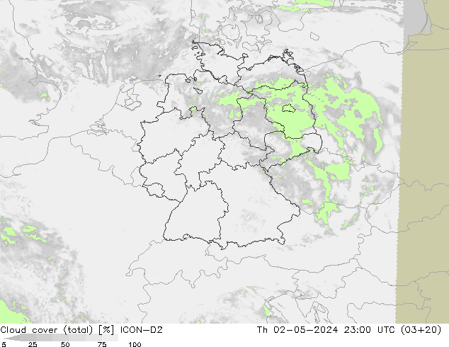 Cloud cover (total) ICON-D2 Čt 02.05.2024 23 UTC